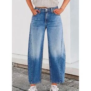 Flamingals Mid-Blue High Waisted Barrel Jeans Seam Detail Size L (10-12)